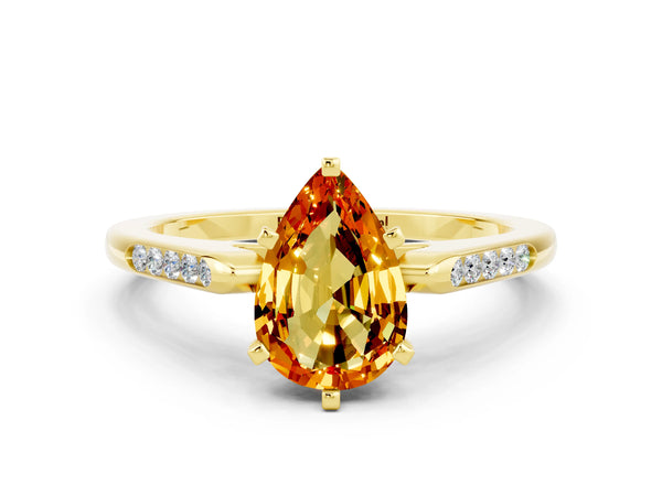 Yellow gold Pear Cut Citrine Solitaire Ring with Channel Set Round Band and Prong Setting