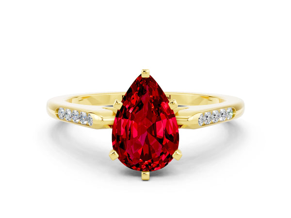 Yellow gold Pear Cut Ruby Solitaire Ring with Channel Set Round Band and Prong Setting