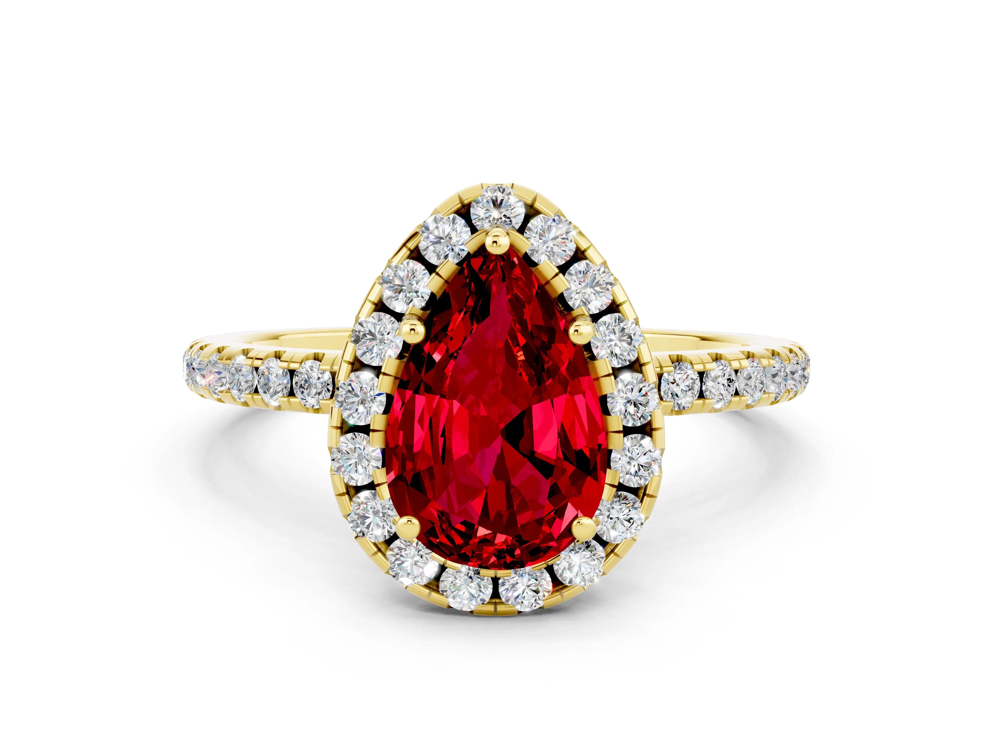 Yellow gold Pear Cut Cut Diamond Floral Halo Engagement Ring with Pavé Band and Prong Setting