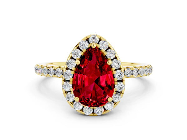 Yellow gold Pear Cut Cut Diamond Floral Halo Engagement Ring with Pavé Band and Prong Setting