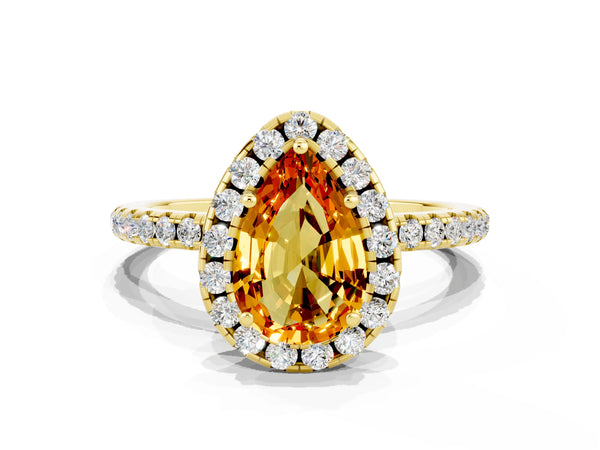 Yellow gold Pear Cut Citrine Halo Engagement Ring with Round Pavé Band and Prong Setting