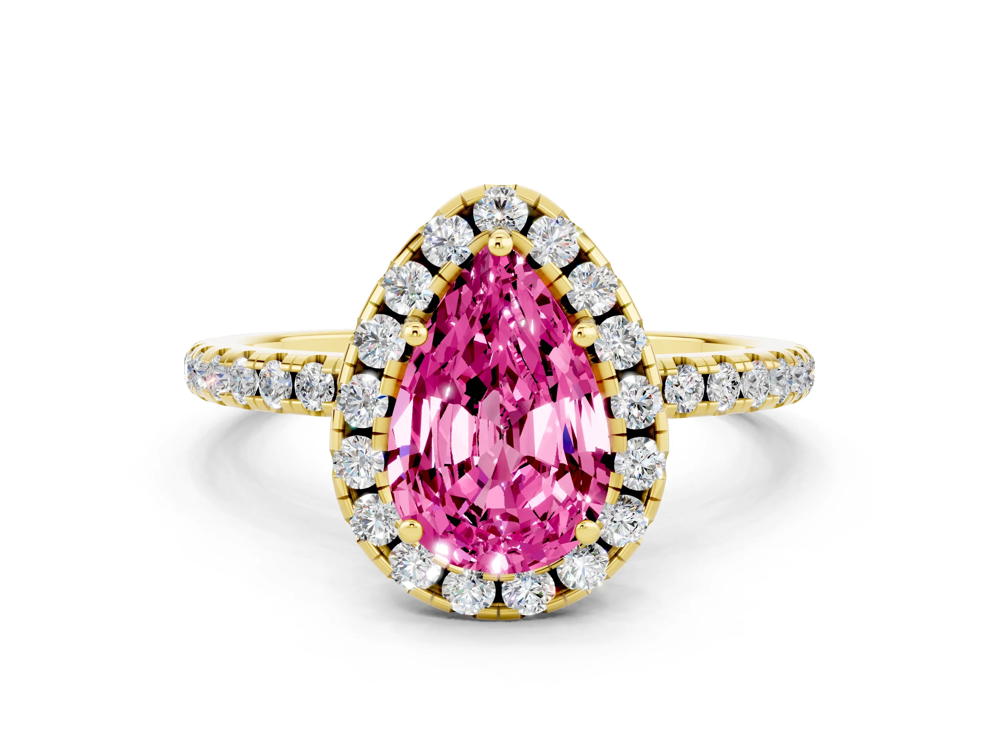 Yellow gold Pear Cut Cut Diamond Floral Halo Engagement Ring with Pavé Band and Prong Setting