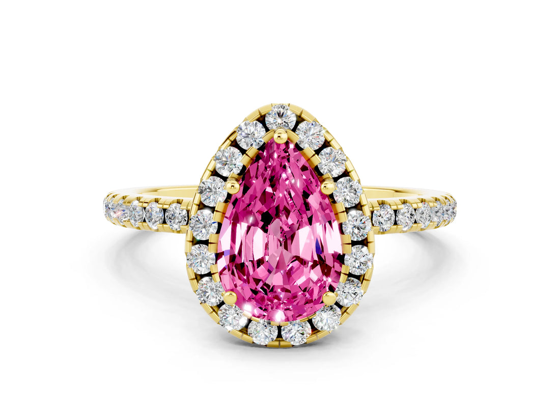 Yellow gold Pear Cut Cut Diamond Floral Halo Engagement Ring with Pavé Band and Prong Setting