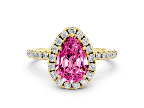 Yellow gold Pear Cut Cut Diamond Floral Halo Engagement Ring with Pavé Band and Prong Setting