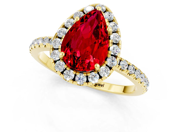 Yellow gold Pear Cut Cut Diamond Floral Halo Engagement Ring with Pavé Band and Prong Setting