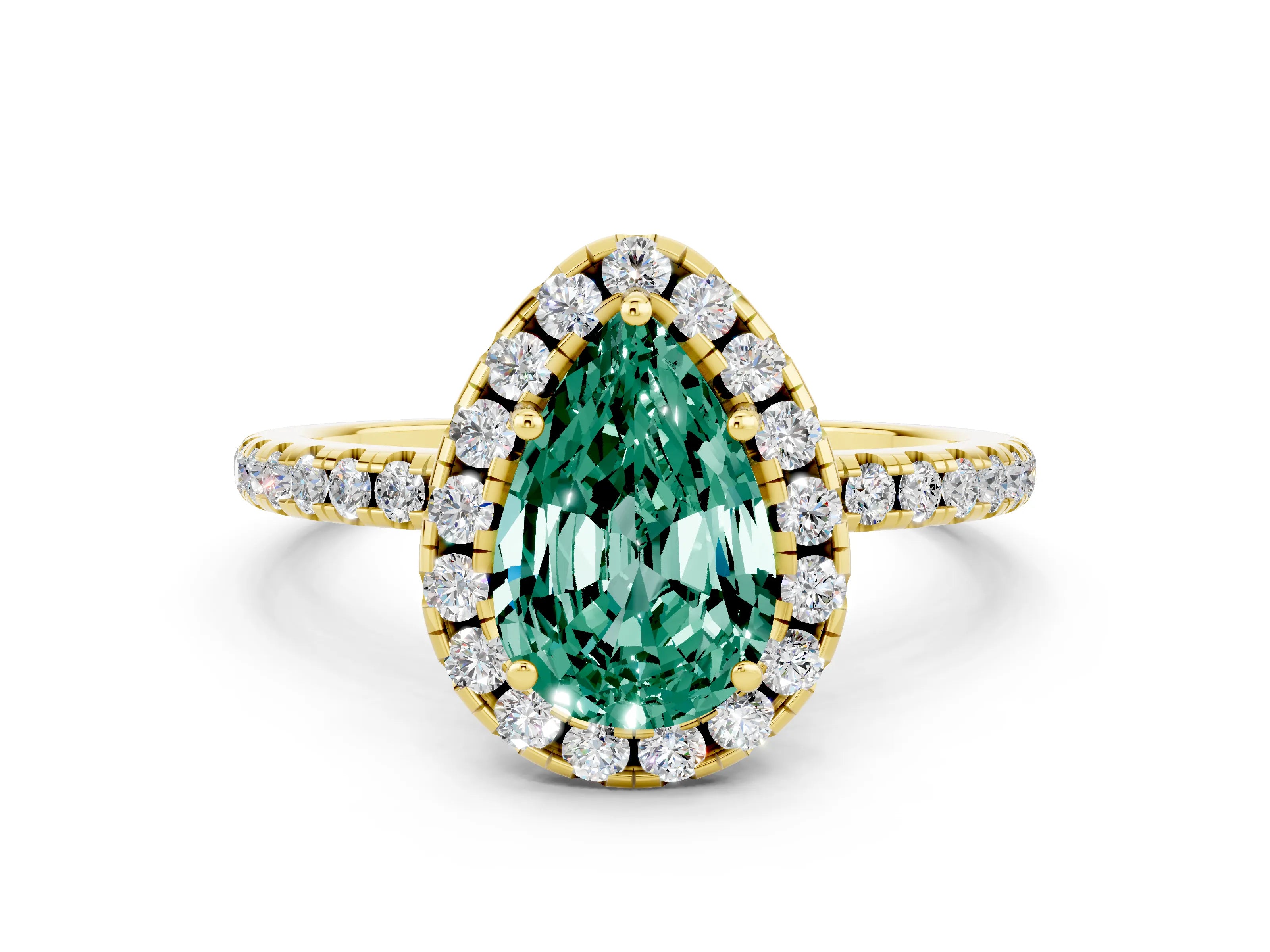 Yellow gold Pear Cut Cut Diamond Floral Halo Engagement Ring with Pavé Band and Prong Setting