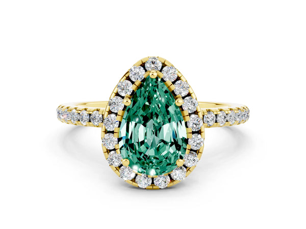 Yellow gold Pear Cut Green Sapphire Halo Engagement Ring with Round Pavé Band and Prong Setting