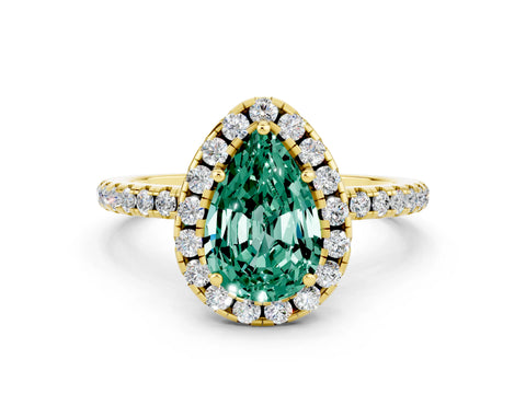 Yellow gold Pear Cut Cut Diamond Floral Halo Engagement Ring with Pavé Band and Prong Setting