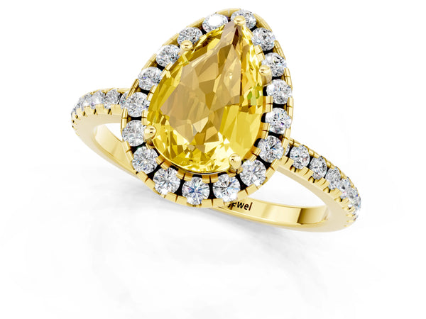 Yellow gold Pear Cut Yellow Sapphire Halo Engagement Ring with Round Pavé Band and Prong Setting
