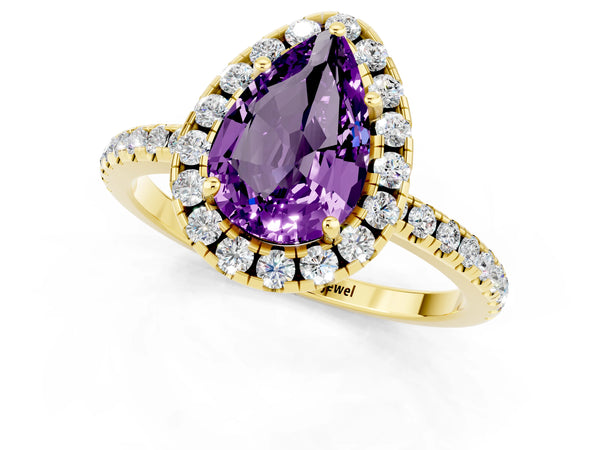 Yellow gold Pear Cut Amethyst Halo Engagement Ring with Round Pavé Band and Prong Setting