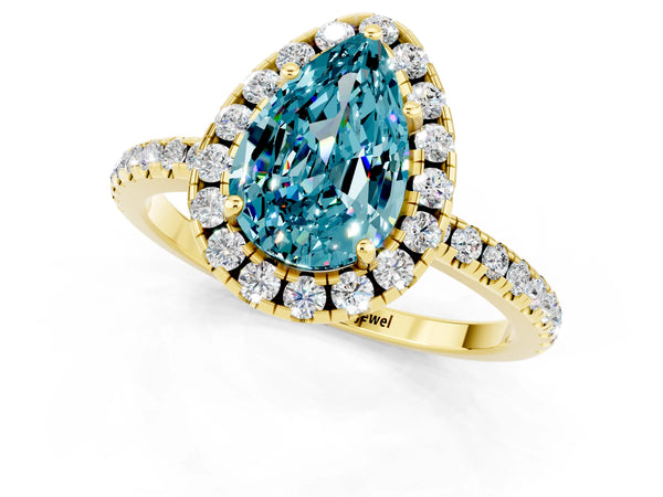Yellow gold Pear Cut Cut Diamond Floral Halo Engagement Ring with Pavé Band and Prong Setting