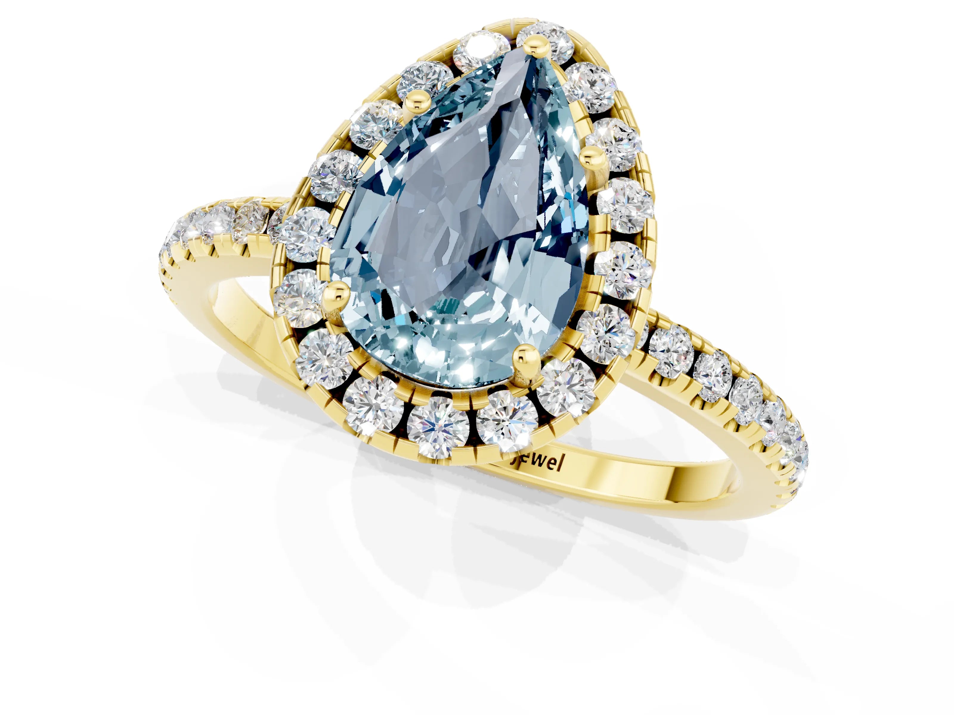 Yellow gold Pear Cut Cut Diamond Floral Halo Engagement Ring with Pavé Band and Prong Setting_1