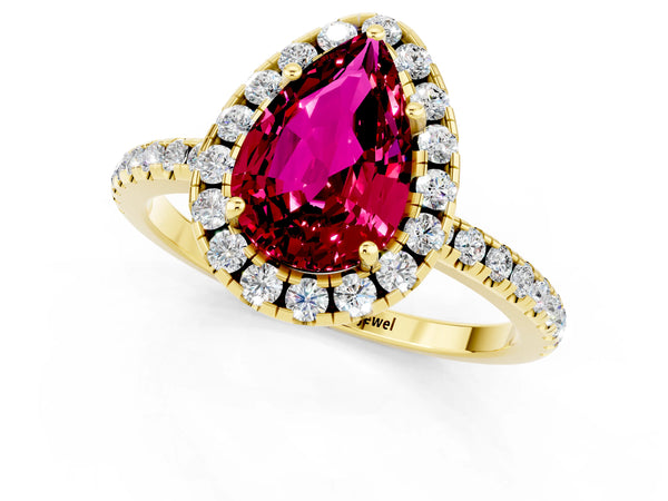 Yellow gold Pear Cut Garnet Halo Engagement Ring with Round Pavé Band and Prong Setting