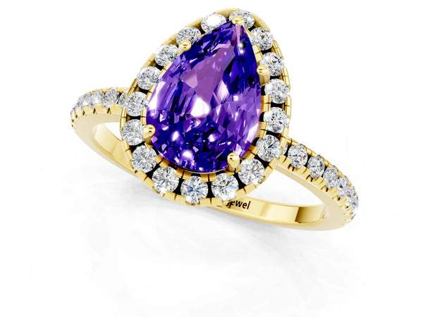 Yellow gold Pear Cut Tanzanite Halo Engagement Ring with Round Pavé Band and Prong Setting