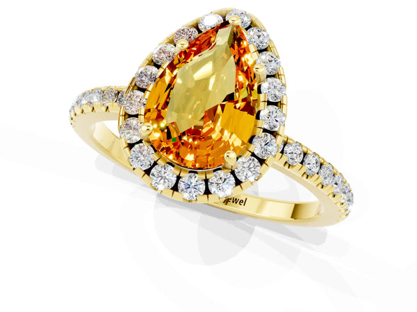 Yellow gold Pear Cut Citrine Halo Engagement Ring with Round Pavé Band and Prong Setting
