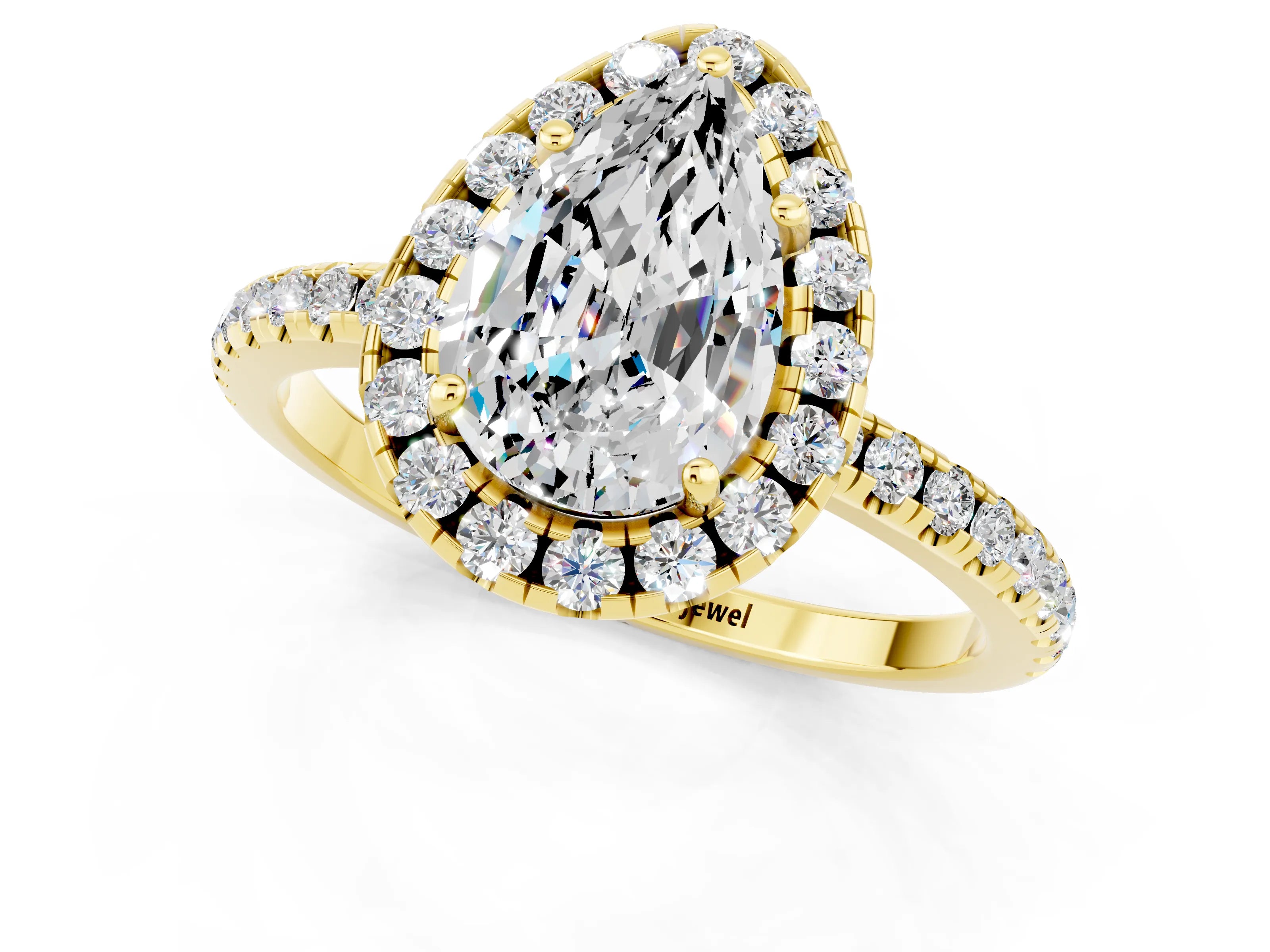 Yellow gold Pear Cut Cut Diamond Floral Halo Engagement Ring with Pavé Band and Prong Setting_1