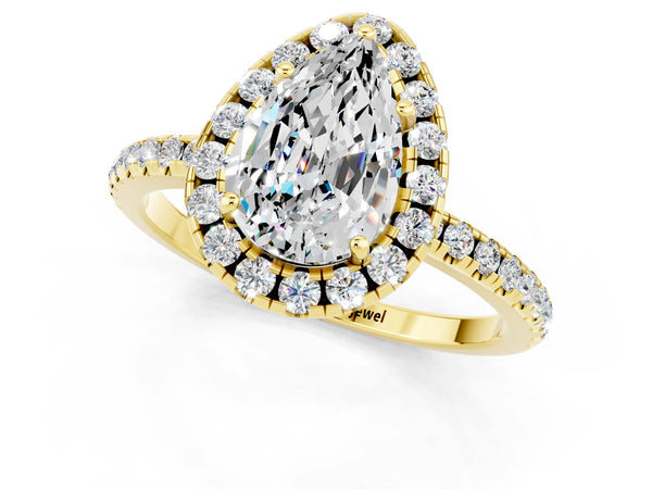 Yellow gold Pear Cut Moissanite Halo Engagement Ring with Round Pavé Band and Prong Setting