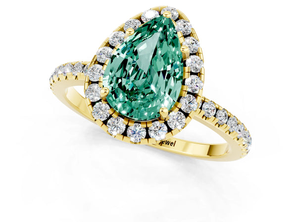 Yellow gold Pear Cut Green Sapphire Halo Engagement Ring with Round Pavé Band and Prong Setting