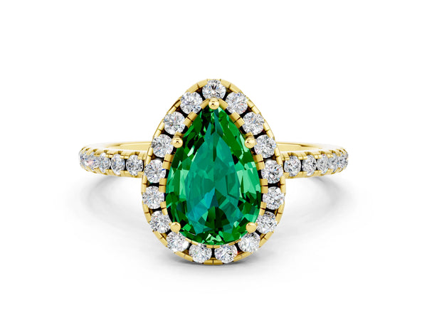 Yellow gold Pear Cut Emerald Halo Engagement Ring with Round Pavé Band and Prong Setting