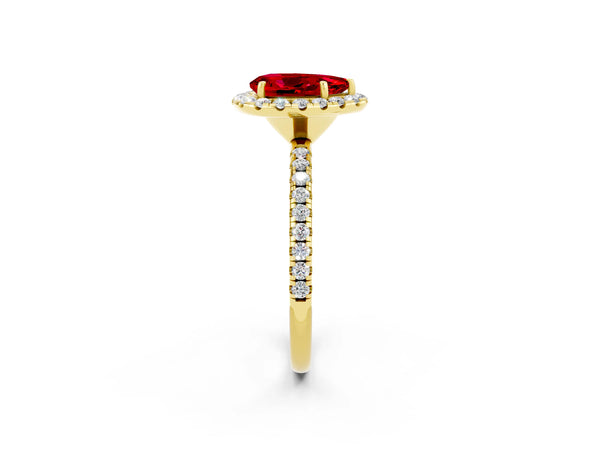 Yellow gold Pear Cut Cut Diamond Floral Halo Engagement Ring with Pavé Band and Prong Setting