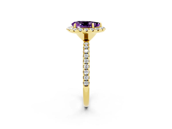 Yellow gold Pear Cut Amethyst Halo Engagement Ring with Round Pavé Band and Prong Setting