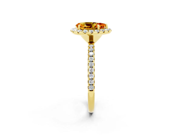 Yellow gold Pear Cut Citrine Halo Engagement Ring with Round Pavé Band and Prong Setting
