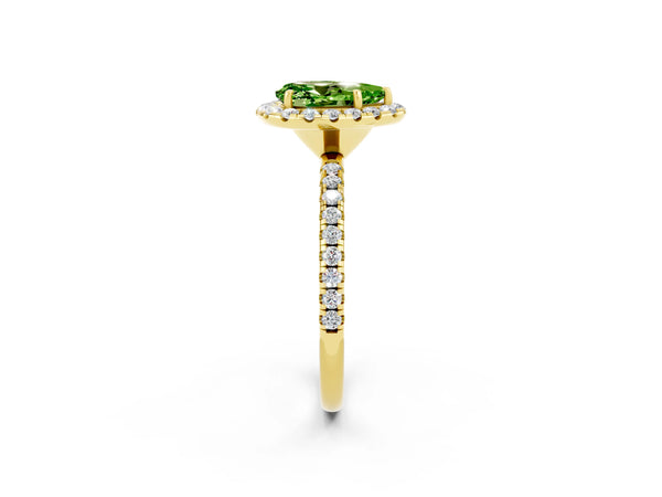 Yellow gold Pear Cut Cut Diamond Floral Halo Engagement Ring with Pavé Band and Prong Setting