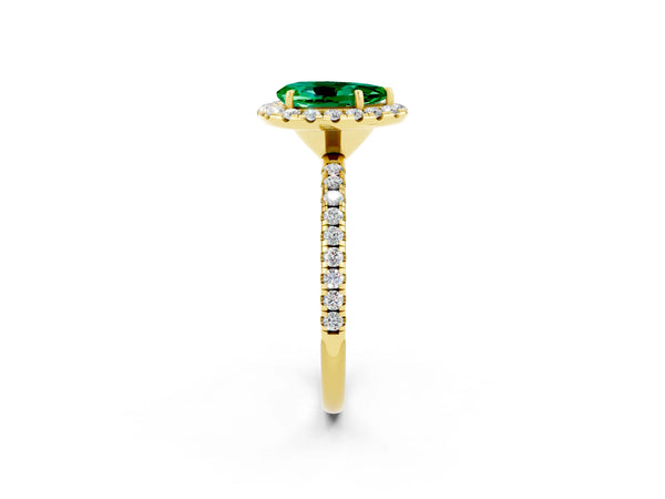 Yellow gold Pear Cut Emerald Halo Engagement Ring with Round Pavé Band and Prong Setting