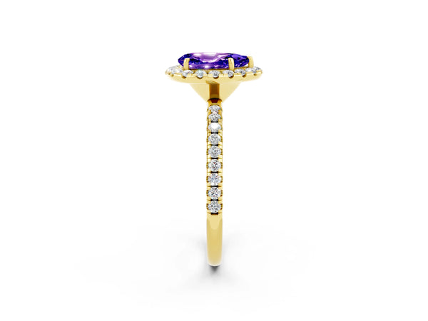 Yellow gold Pear Cut Tanzanite Halo Engagement Ring with Round Pavé Band and Prong Setting