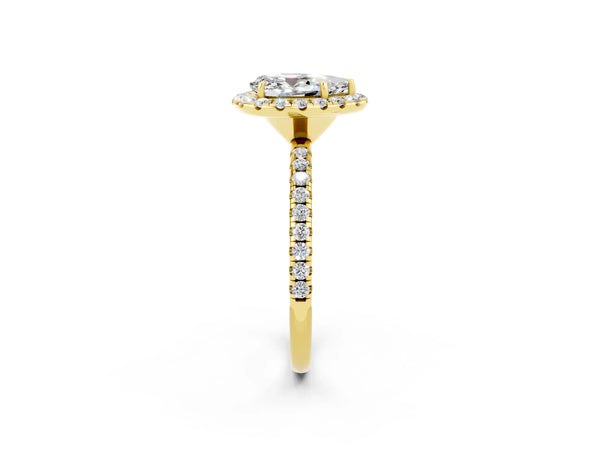 Yellow gold Pear Cut Moissanite Halo Engagement Ring with Round Pavé Band and Prong Setting