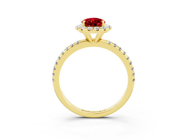 Yellow gold Pear Cut Cut Diamond Floral Halo Engagement Ring with Pavé Band and Prong Setting