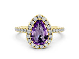 Yellow gold Pear Cut Cut Diamond Floral Halo Engagement Ring with Pavé Band and Prong Setting