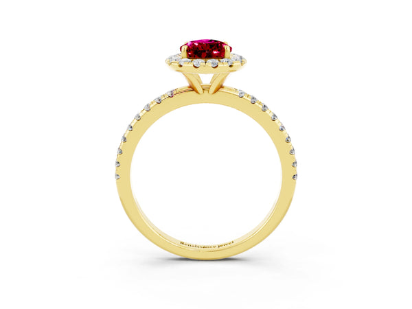 Yellow gold Pear Cut Garnet Halo Engagement Ring with Round Pavé Band and Prong Setting