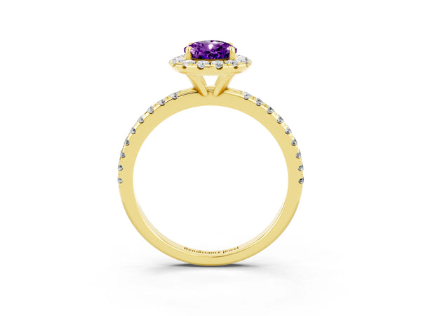 Yellow gold Pear Cut Amethyst Halo Engagement Ring with Round Pavé Band and Prong Setting
