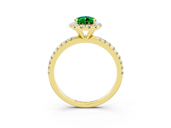 Yellow gold Pear Cut Emerald Halo Engagement Ring with Round Pavé Band and Prong Setting