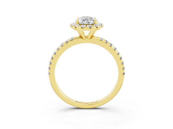 Yellow gold Pear Cut Moissanite Halo Engagement Ring with Round Pavé Band and Prong Setting