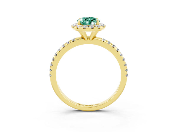 Yellow gold Pear Cut Green Sapphire Halo Engagement Ring with Round Pavé Band and Prong Setting