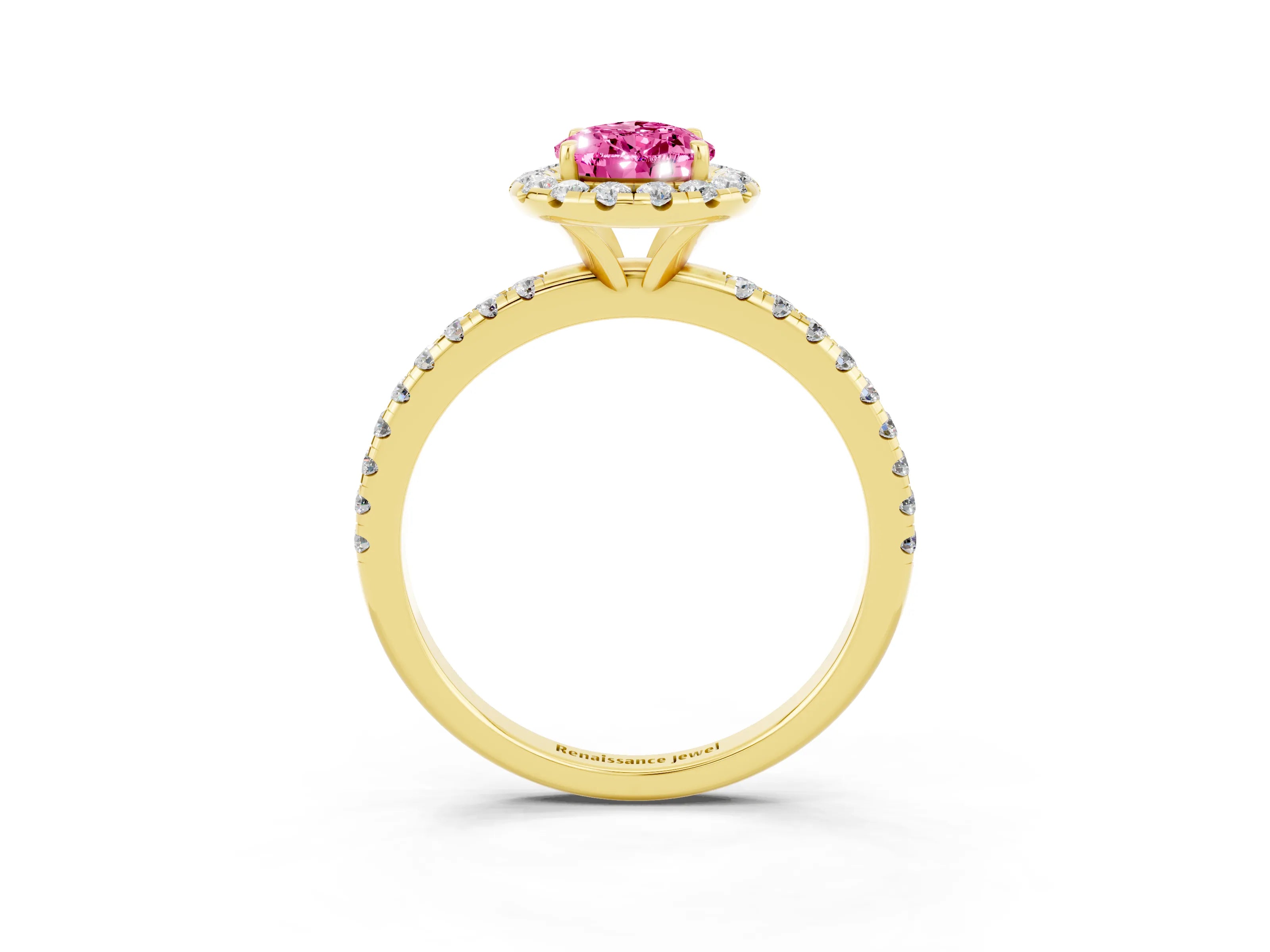 Yellow gold Pear Cut Cut Diamond Floral Halo Engagement Ring with Pavé Band and Prong Setting_3