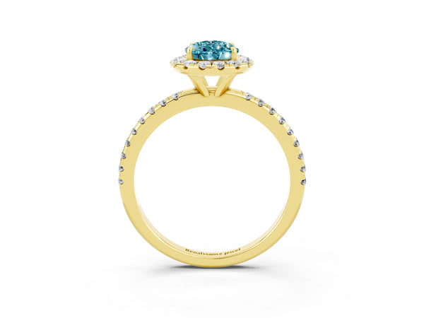 Yellow gold Pear Cut Cut Diamond Floral Halo Engagement Ring with Pavé Band and Prong Setting