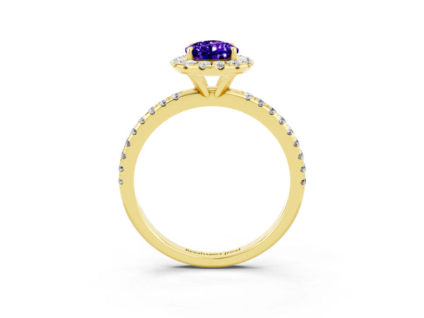 Yellow gold Pear Cut Tanzanite Halo Engagement Ring with Round Pavé Band and Prong Setting