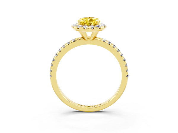 Yellow gold Pear Cut Yellow Sapphire Halo Engagement Ring with Round Pavé Band and Prong Setting