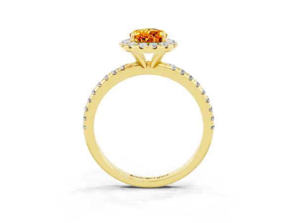 Yellow gold Pear Cut Citrine Halo Engagement Ring with Round Pavé Band and Prong Setting