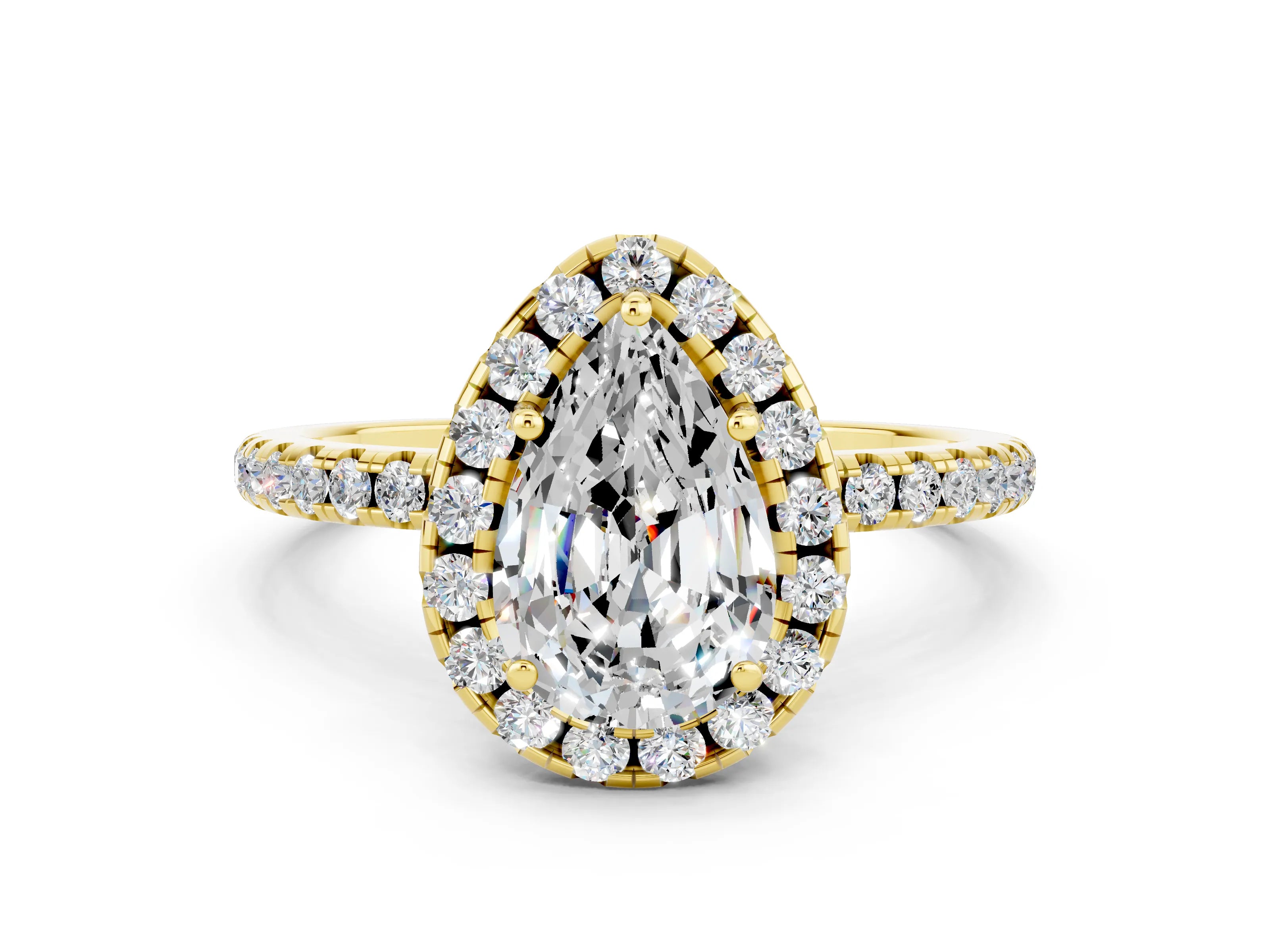 Yellow gold Pear Cut Cut Diamond Floral Halo Engagement Ring with Pavé Band and Prong Setting