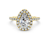 Yellow gold Pear Cut Cut Diamond Floral Halo Engagement Ring with Pavé Band and Prong Setting