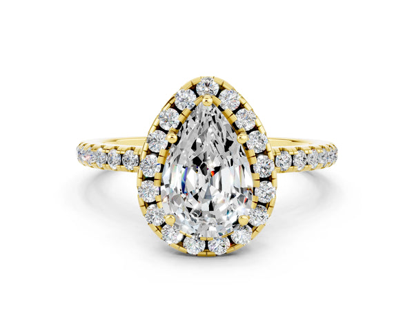 Yellow gold Pear Cut Moissanite Halo Engagement Ring with Round Pavé Band and Prong Setting
