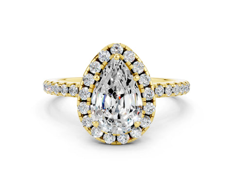 Yellow gold Pear Cut Cut Diamond Floral Halo Engagement Ring with Pavé Band and Prong Setting