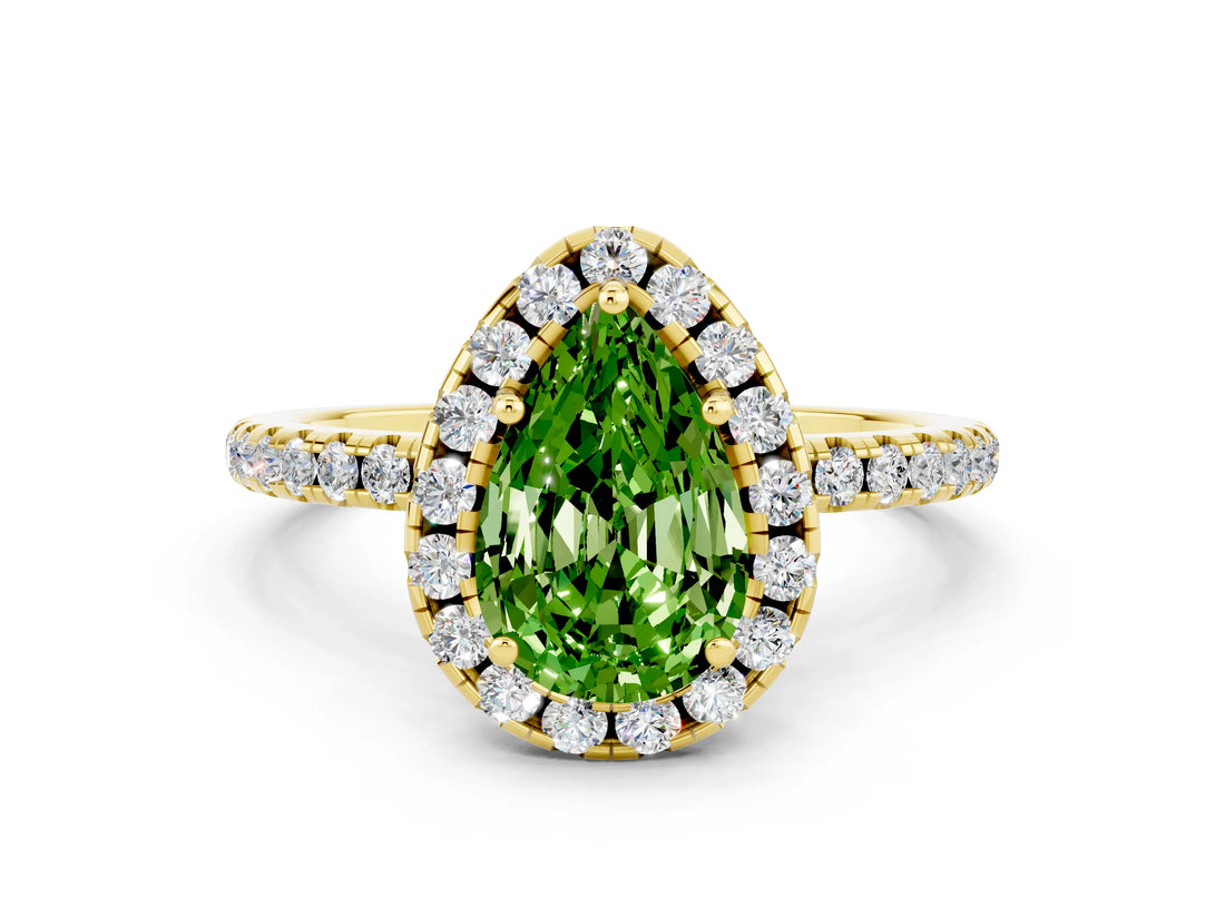Yellow gold Pear Cut Cut Diamond Floral Halo Engagement Ring with Pavé Band and Prong Setting