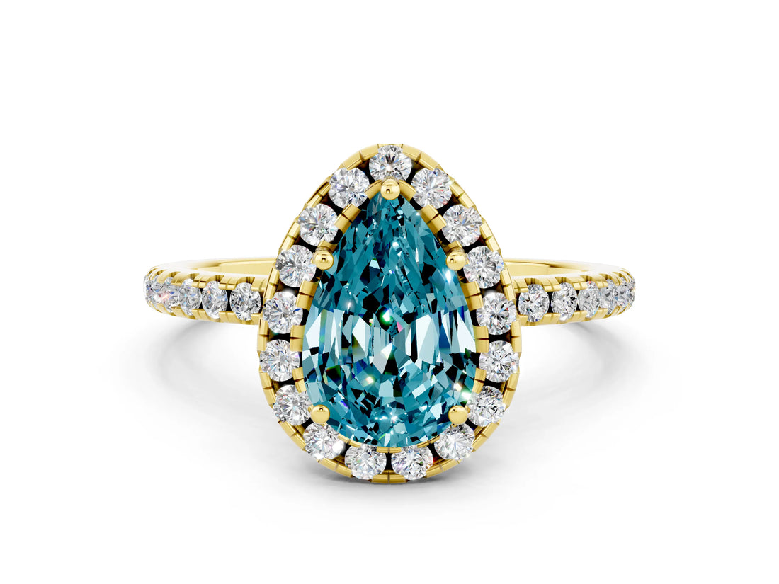 Yellow gold Pear Cut Cut Diamond Floral Halo Engagement Ring with Pavé Band and Prong Setting