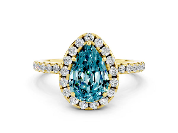 Yellow gold Pear Cut Cut Diamond Floral Halo Engagement Ring with Pavé Band and Prong Setting
