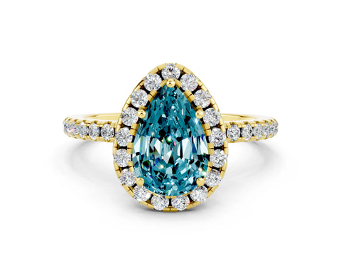 Yellow gold Pear Cut Cut Diamond Floral Halo Engagement Ring with Pavé Band and Prong Setting